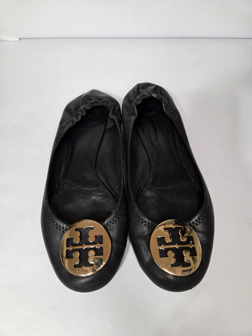 Tory Burch Reva Ballet Flats Women’s 6.5 Black Leather Gold Logo Slip On Shoes